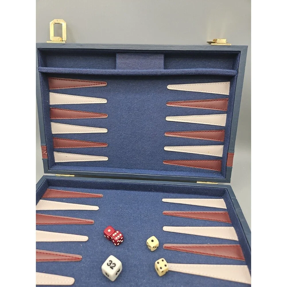 Vintage Style Backgammon Travel Set Blue Navy Case Dice Chips Folding Board